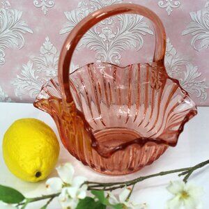 Vintage Pink Depression Glass Basket: Scalloped Edge Ribbed Glass Candy Dish
